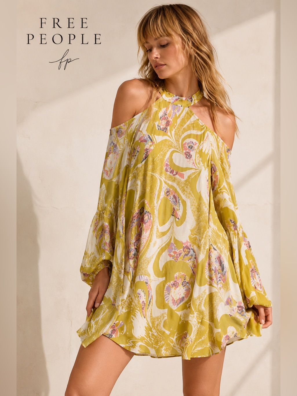 Free People Drift Away Tunic Mini Dress S Cold Shoulder Balloon Sleeve Boho C1